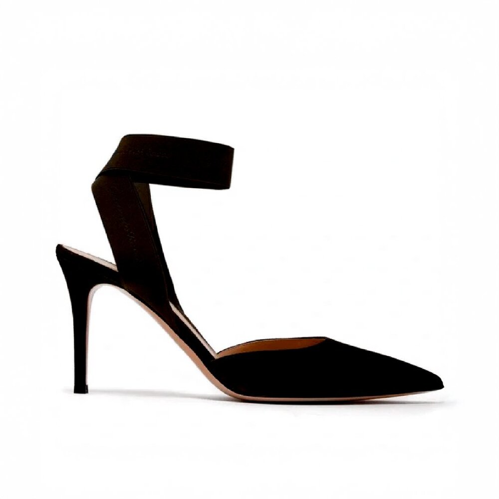 Gianvito Rossi Rhia Ankle Strap Pointed Toe Pumps - Black Suede - 39.5